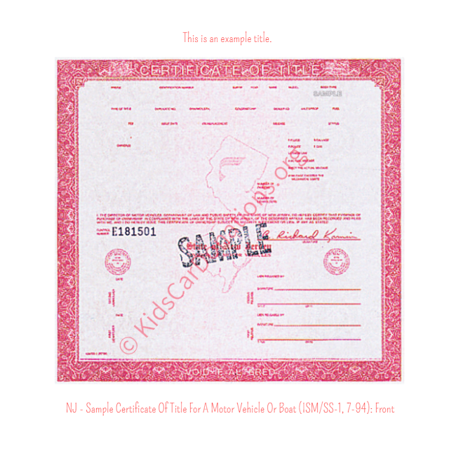 This is an Example of New Jersey Certificate Of Title For A Motor Vehicle Or Boat (ISM-SS-1, 7-94) Front View | Kids Car Donations